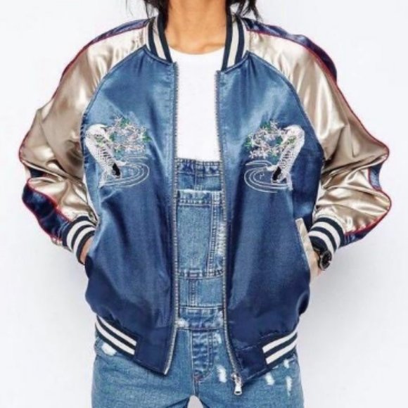 Blue Silk Japanese Bomber Jacket (US 8) - Picture 10 of 12